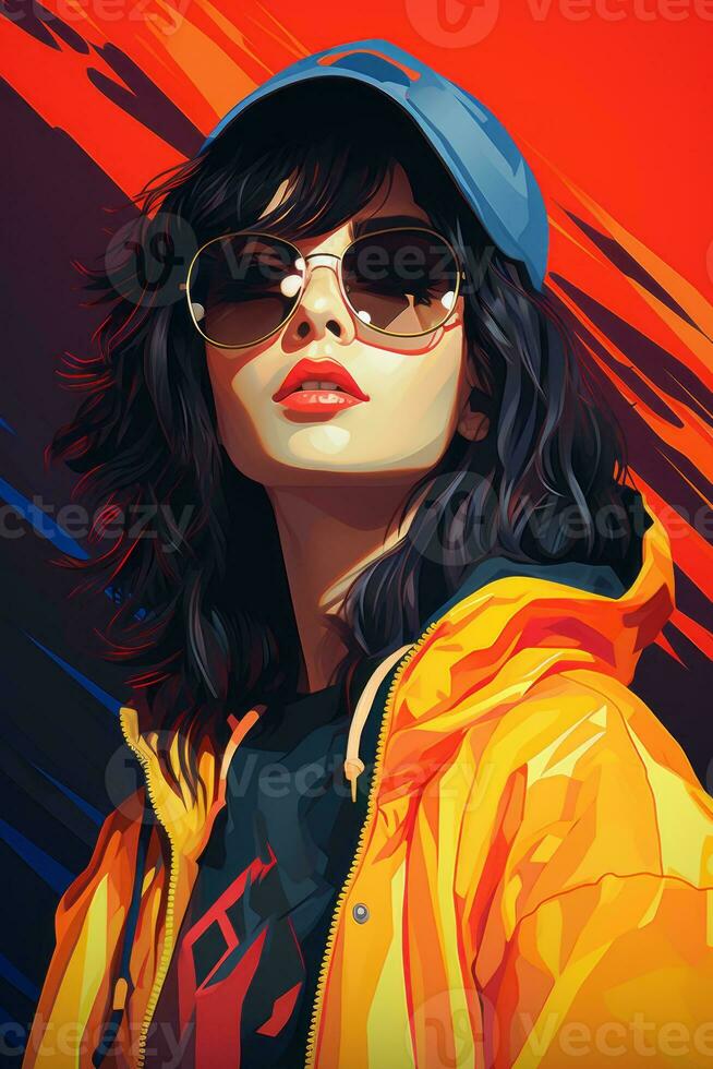 an illustration of a woman in sunglasses and a cap generative ai photo
