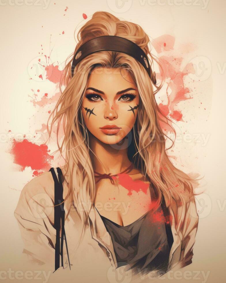 an illustration of a woman with blood splatters on her face generative ai photo