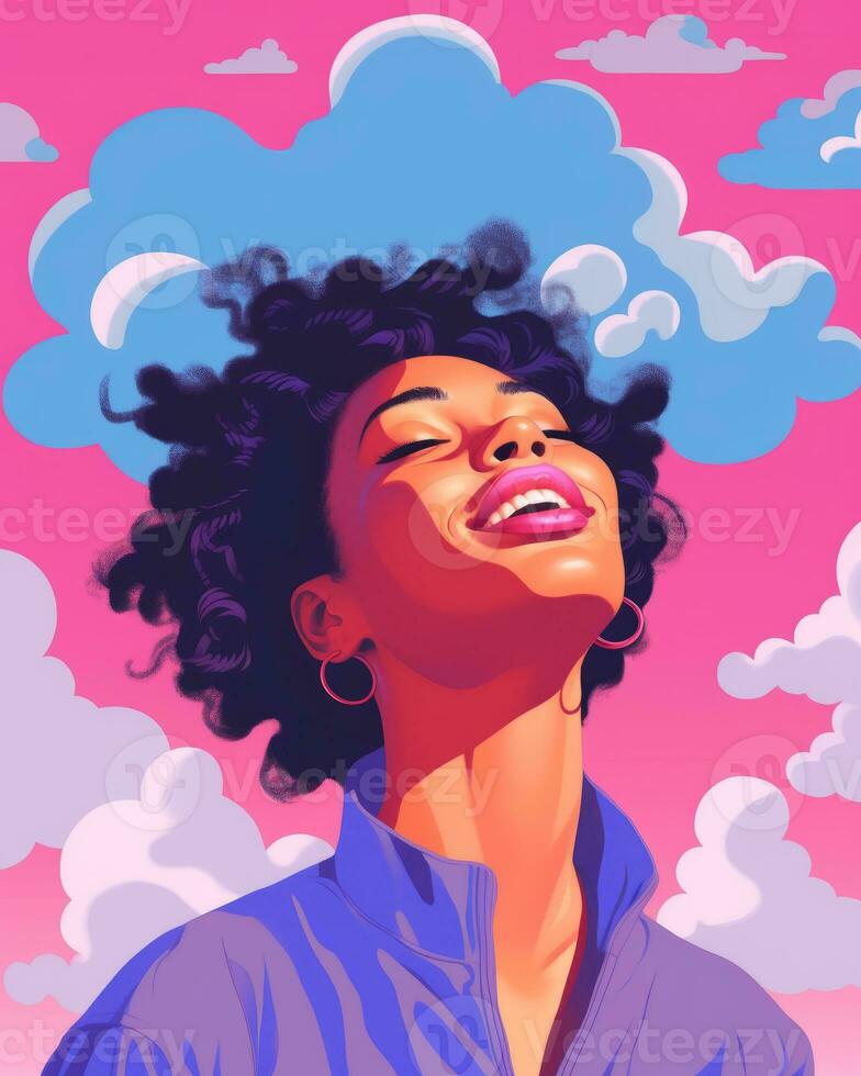 an illustration of a woman with curly hair and clouds in the background generative ai photo