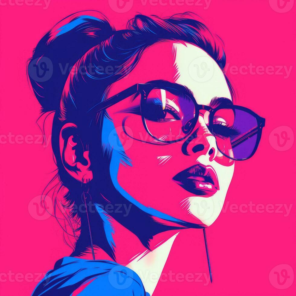 an illustration of a woman with glasses on a pink background generative ai photo