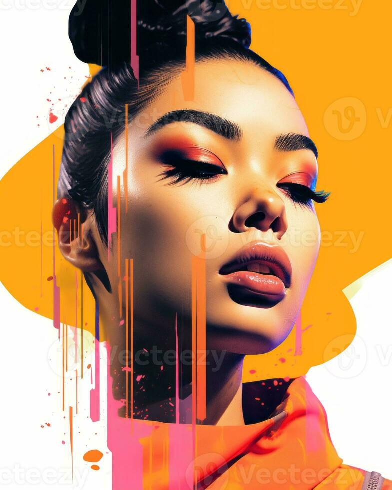 an illustration of a woman with orange and pink paint splatters on her face generative ai photo
