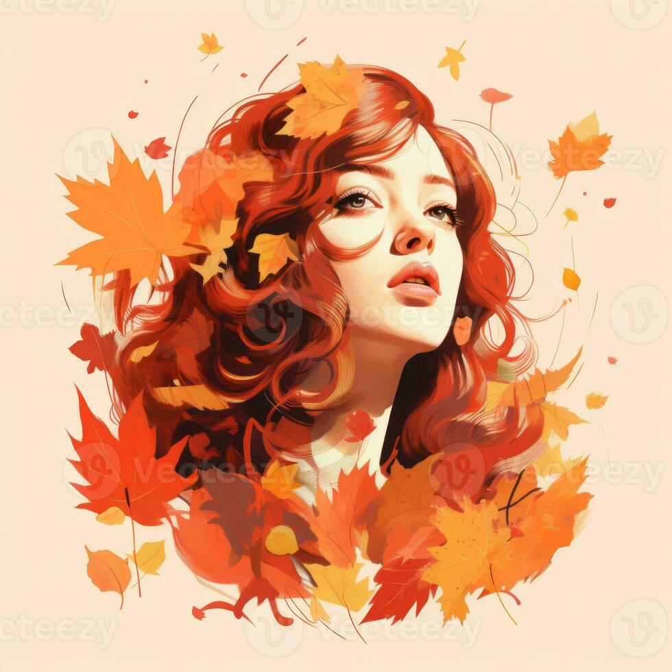 an illustration of a woman with red hair surrounded by autumn leaves generative ai photo