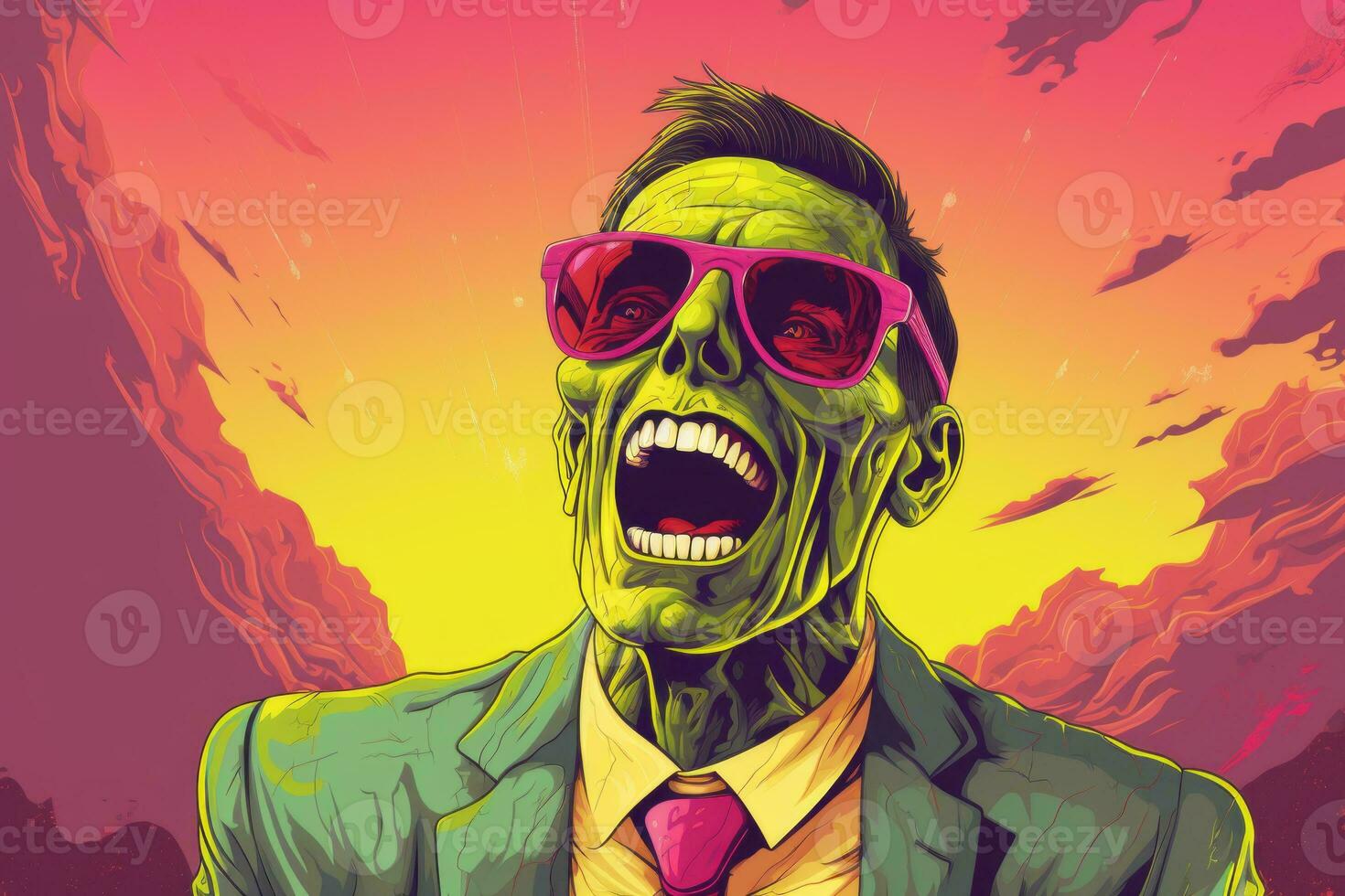 an illustration of a zombie wearing sunglasses and a suit generative ai photo