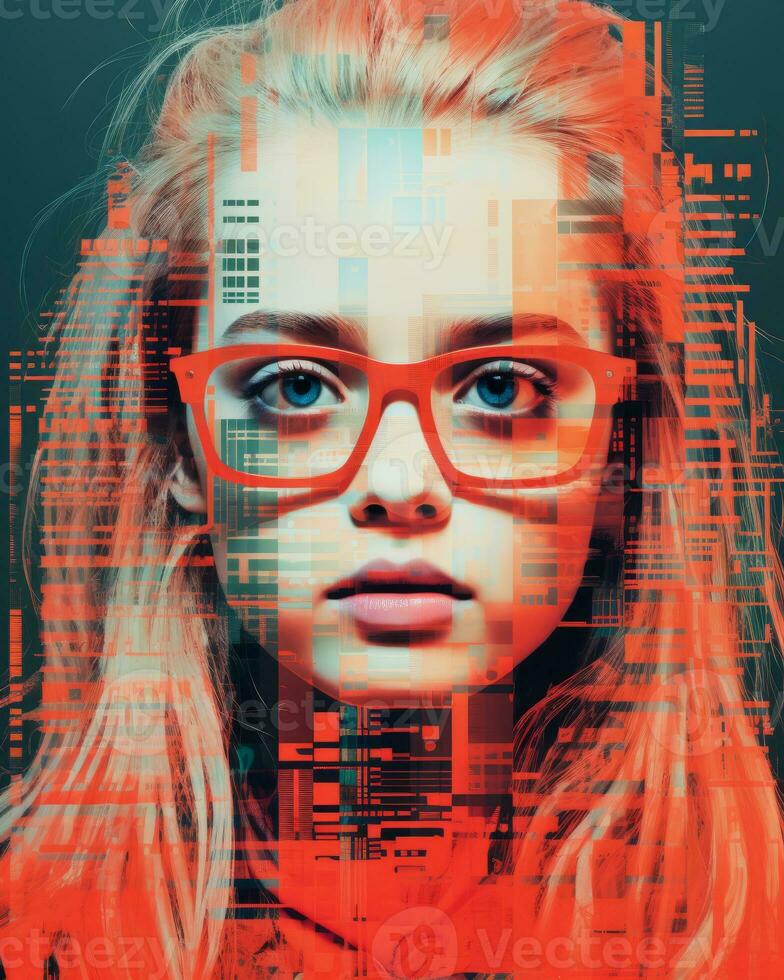 an image of a girl with glasses and a city skyline in the background generative ai photo