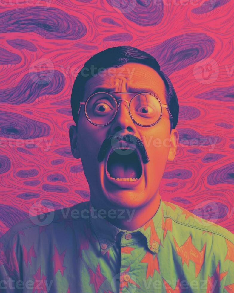 an image of a man with a mustache and glasses on a purple background generative ai photo