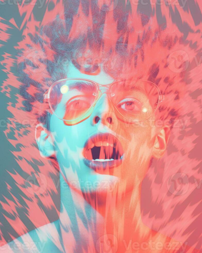an image of a man with glasses and a red and blue background generative ai photo