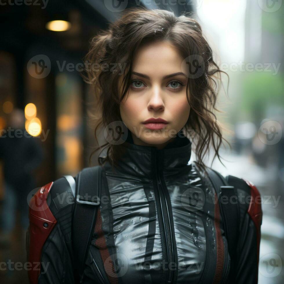 an image of a woman in a black leather jacket generative ai photo