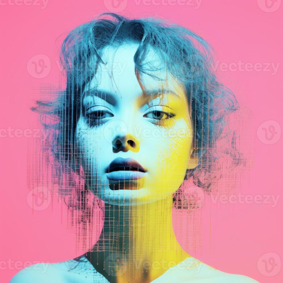 an image of a woman with a computer generated face on a pink background