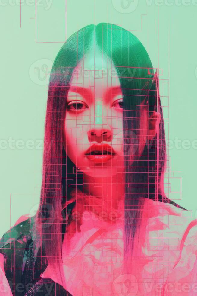 an image of a woman with a pink and green background generative ai photo