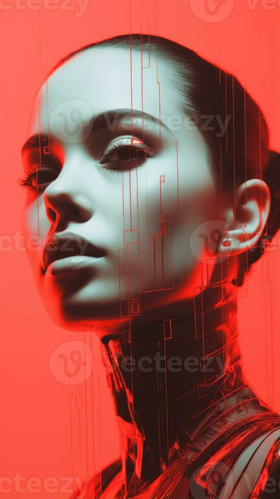 an image of a woman with a red background generative ai photo