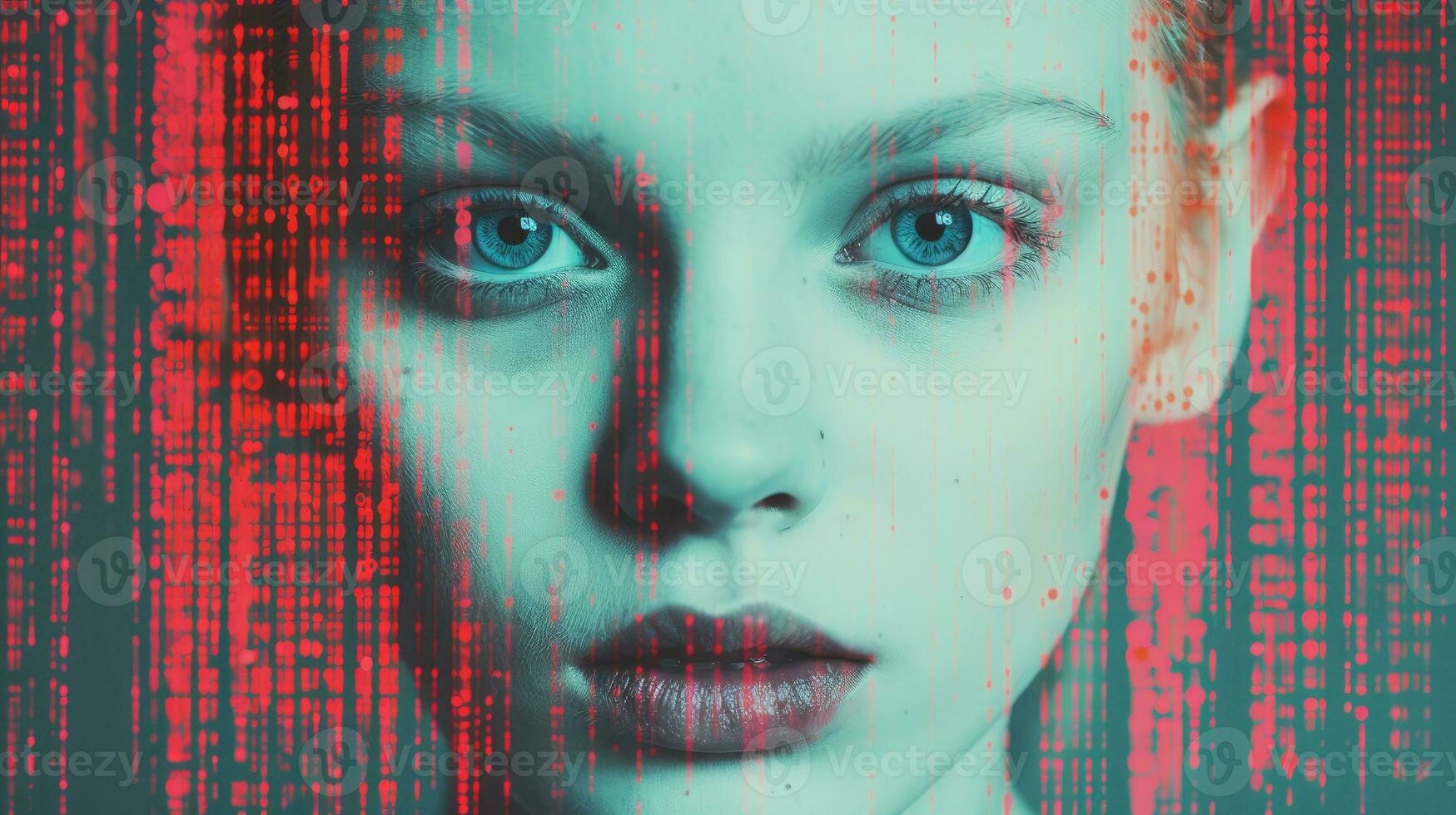 an image of a woman with blue eyes and a binary code on her face generative ai photo