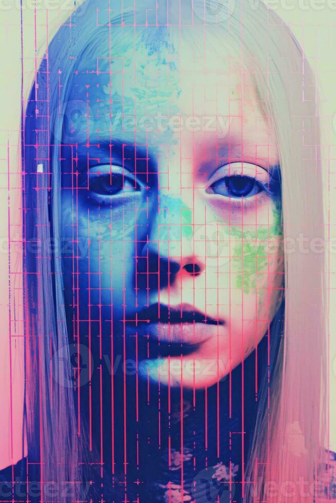 an image of a woman with blue and pink lines on her face generative ai photo