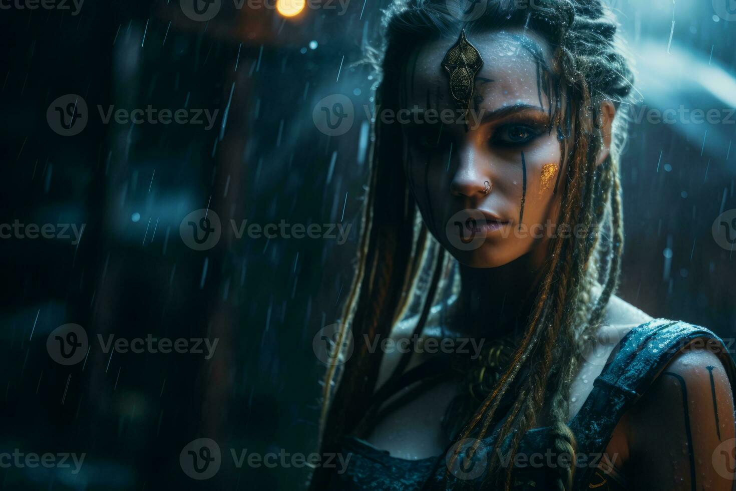 an image of a woman with dreadlocks in the rain generative ai photo