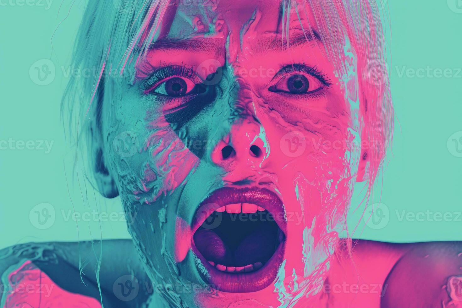 an image of a woman with her mouth open in front of a pink and blue background generative ai photo
