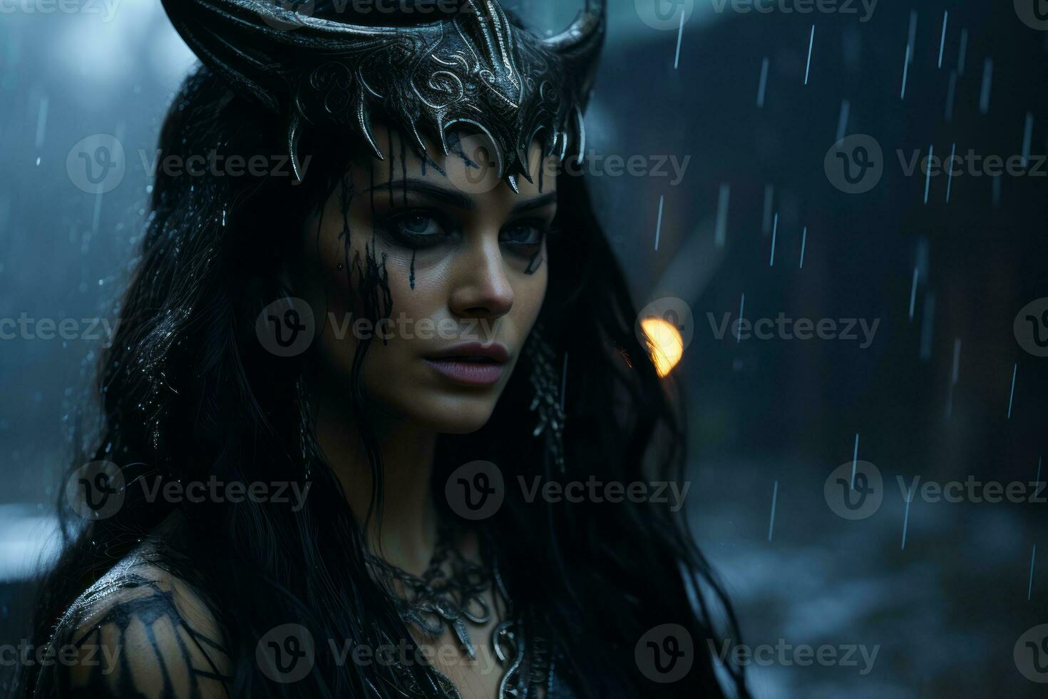 an image of a woman with horns on her head in the rain generative ai photo