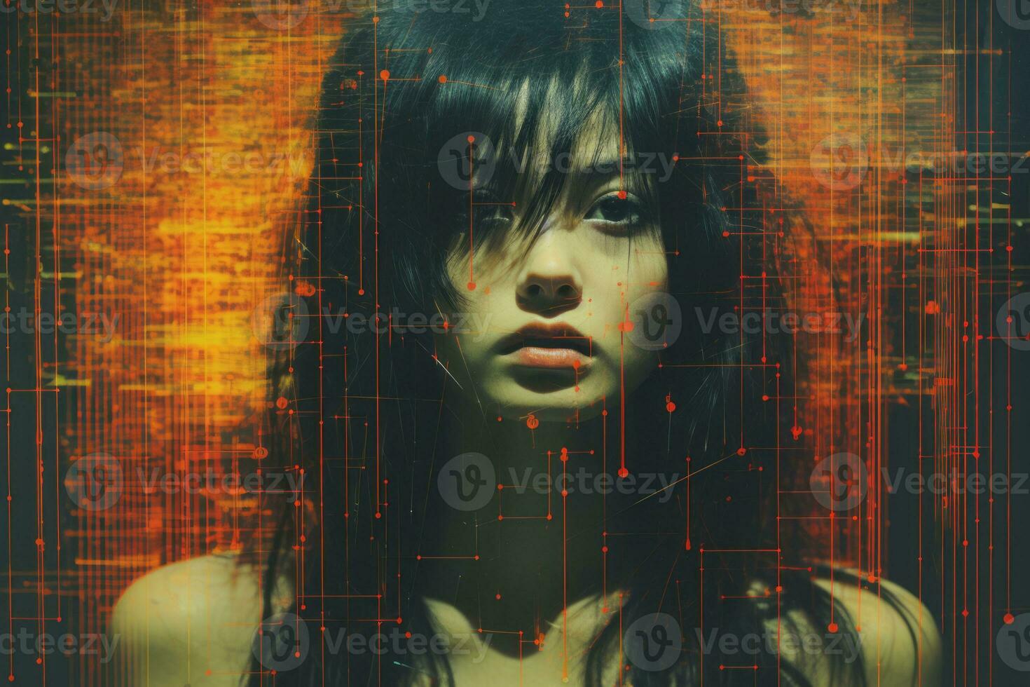an image of a woman with long hair in front of a computer screen generative ai photo