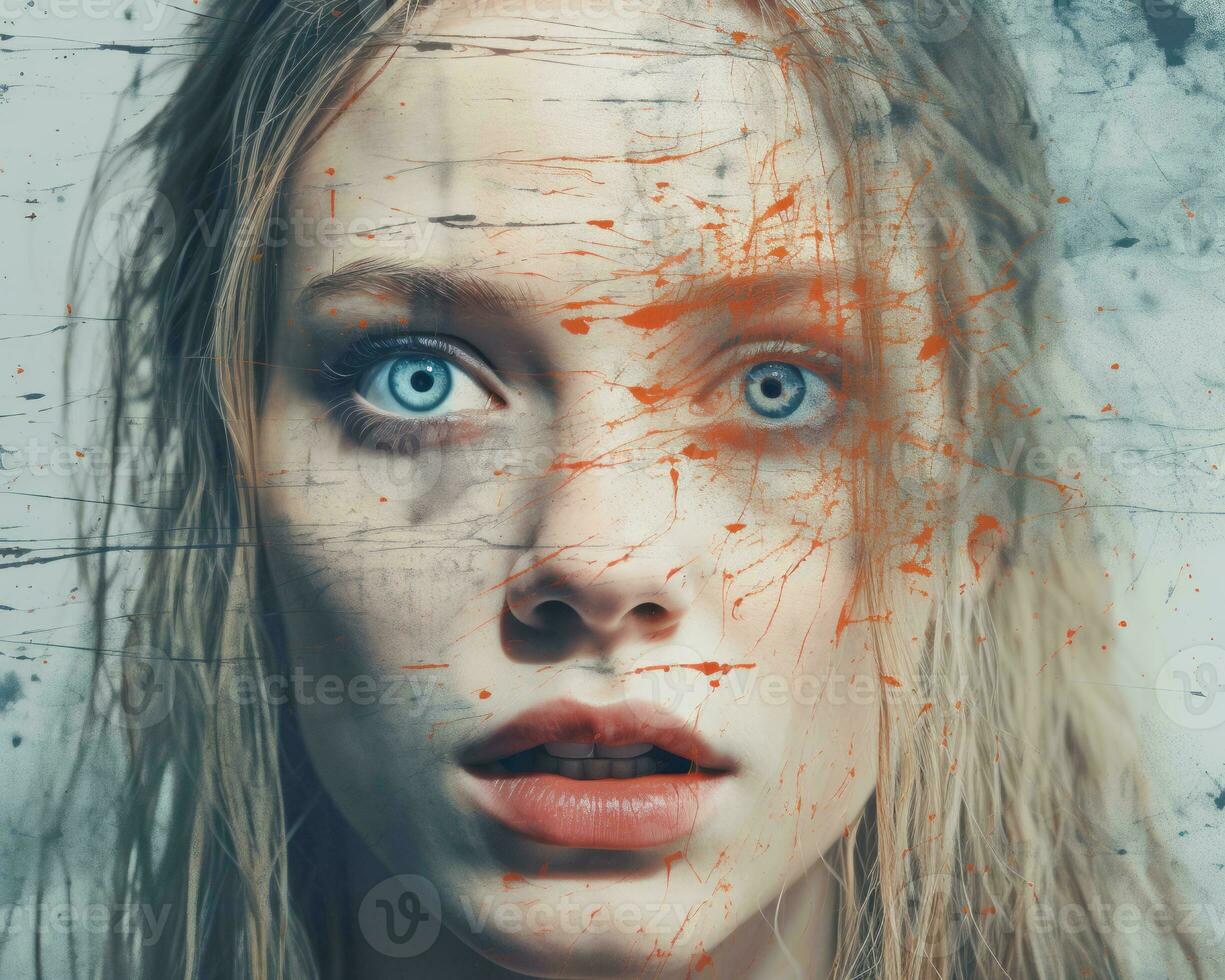 an image of a woman with paint splattered on her face generative ai photo