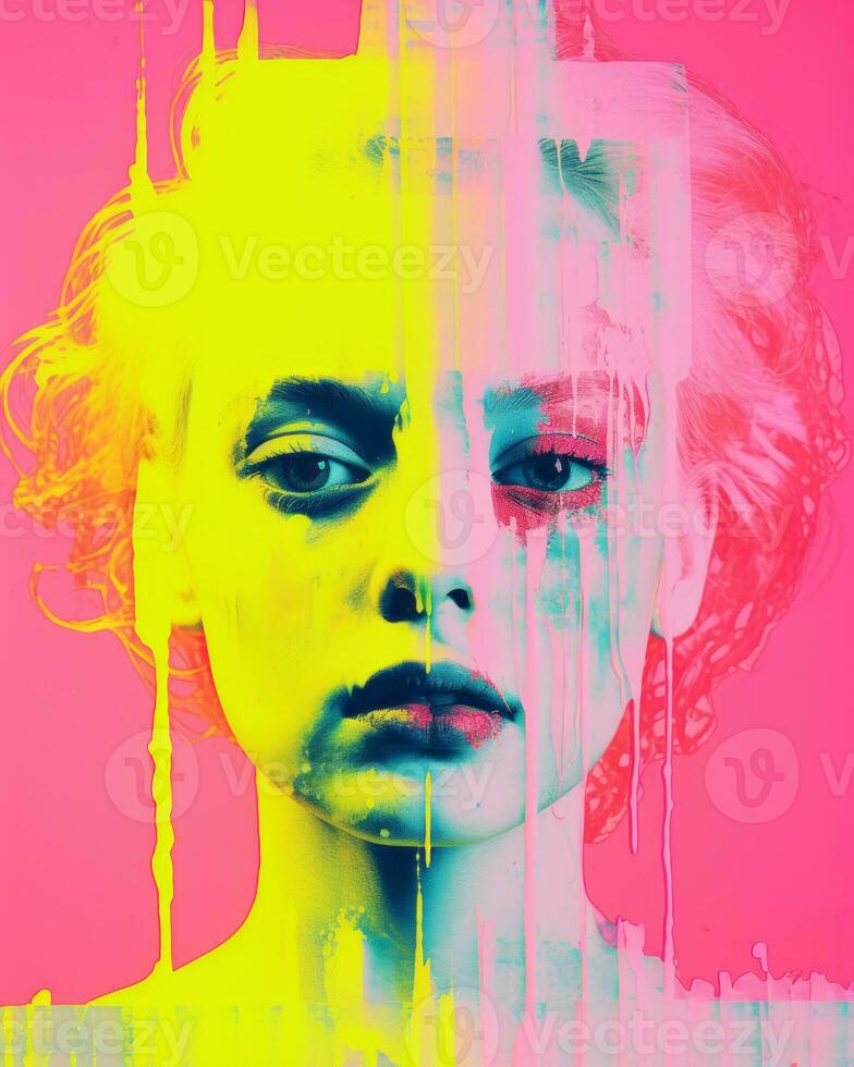 an image of a woman with pink and yellow paint on her face generative ai photo