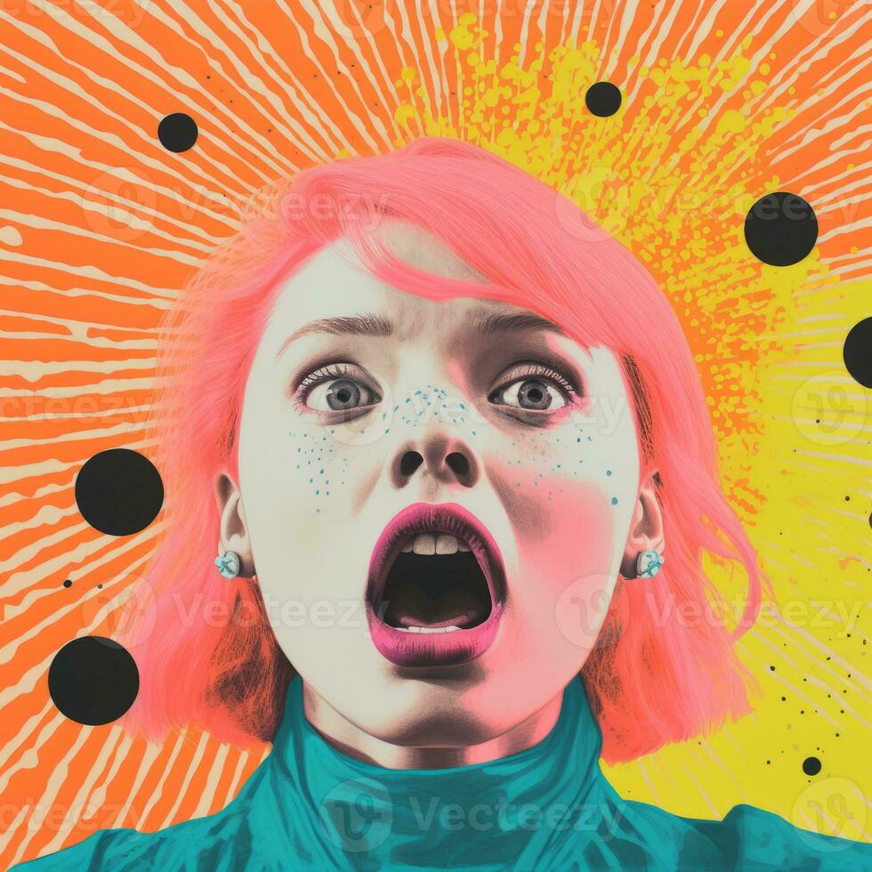 an image of a woman with pink hair and an open mouth generative ai photo