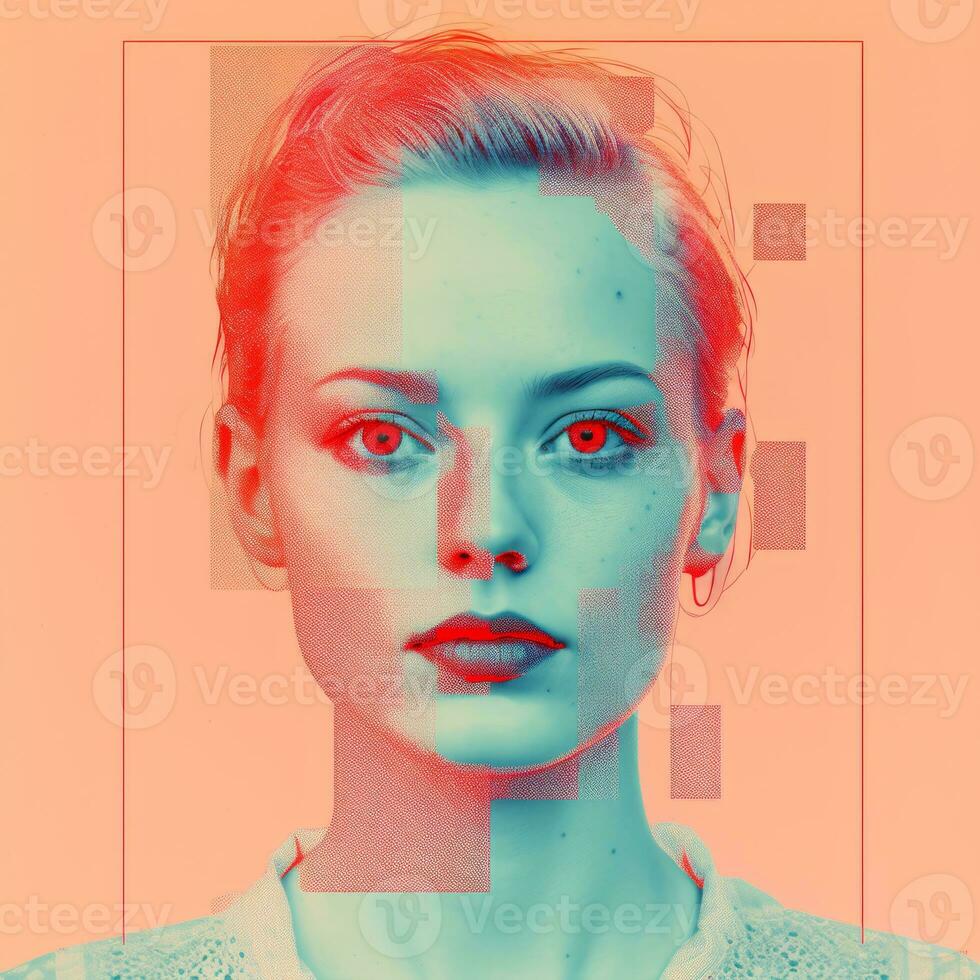 an image of a woman with red and blue squares on her face generative ai photo
