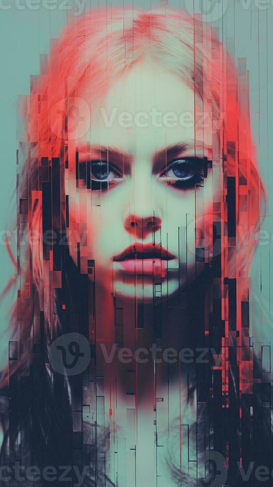 an image of a woman with red hair and a pixelated face generative ai photo