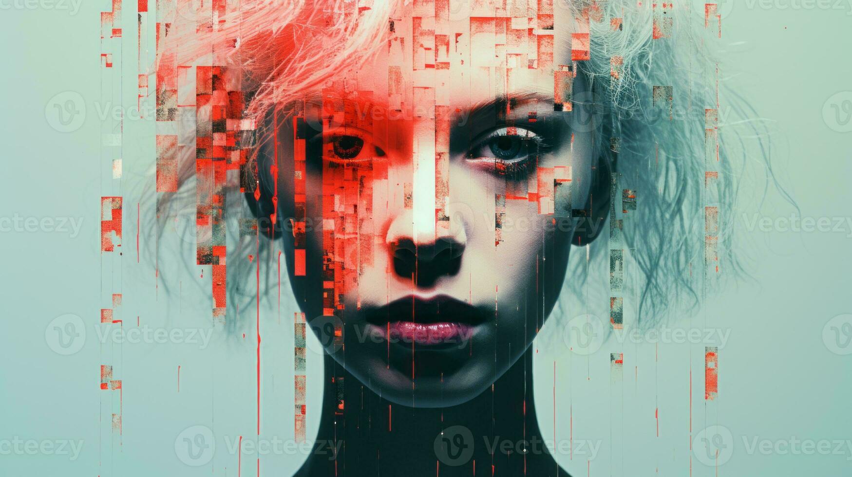 an image of a woman with red eyes and a pixelated face generative ai photo