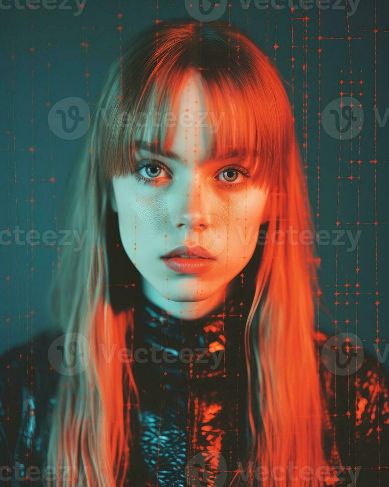 an image of a woman with red hair and an orange background generative ai photo