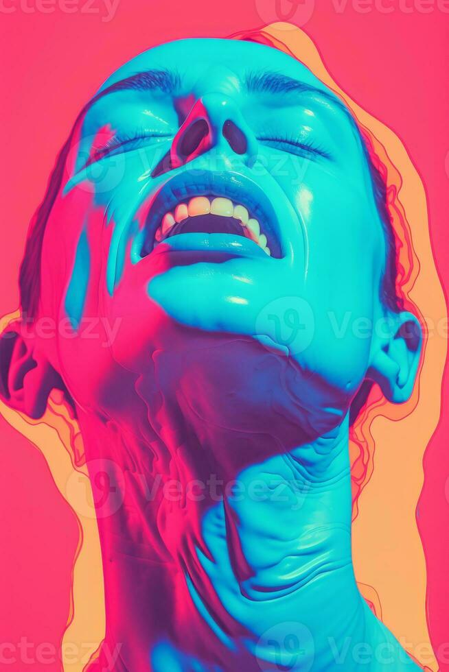 an image of a womans face with blue and pink colors generative ai photo