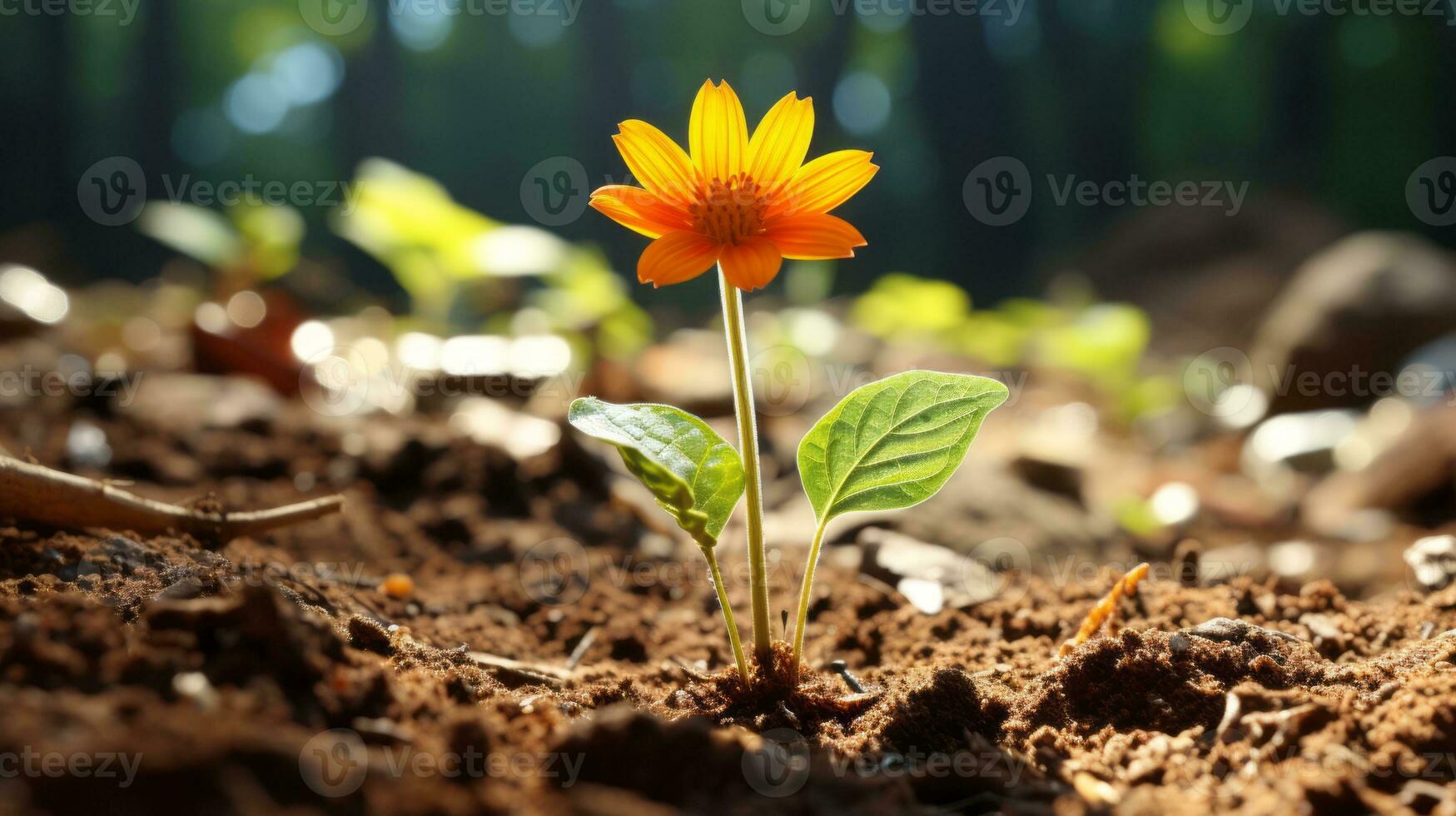 an orange flower growing out of the ground in the forest generative ai photo