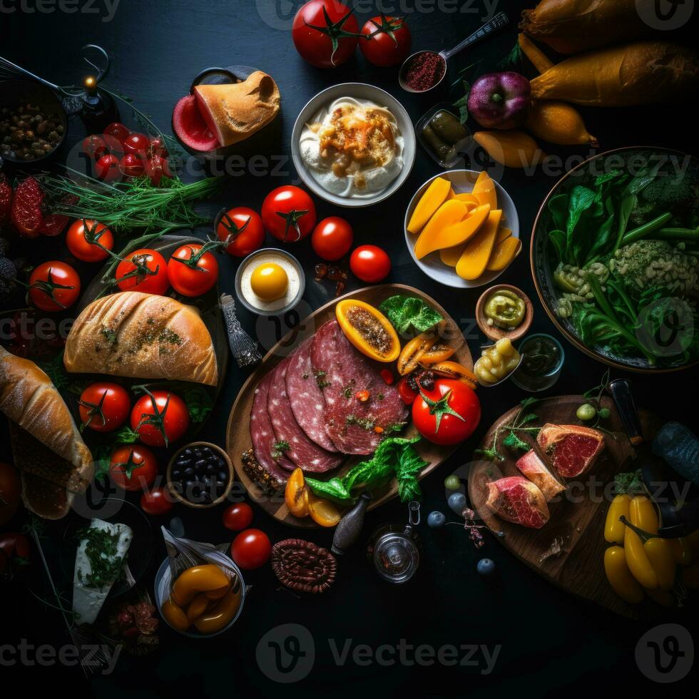 an overhead view of various foods on a table generative ai photo