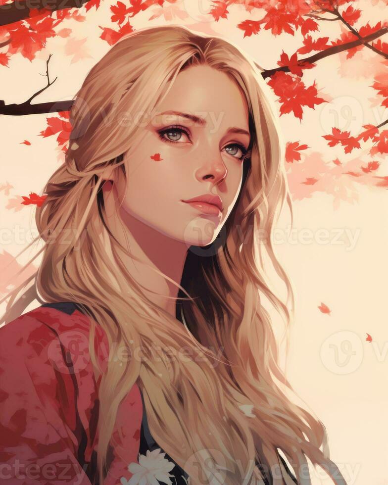 anime girl with long blonde hair and red leaves on her face generative ai photo