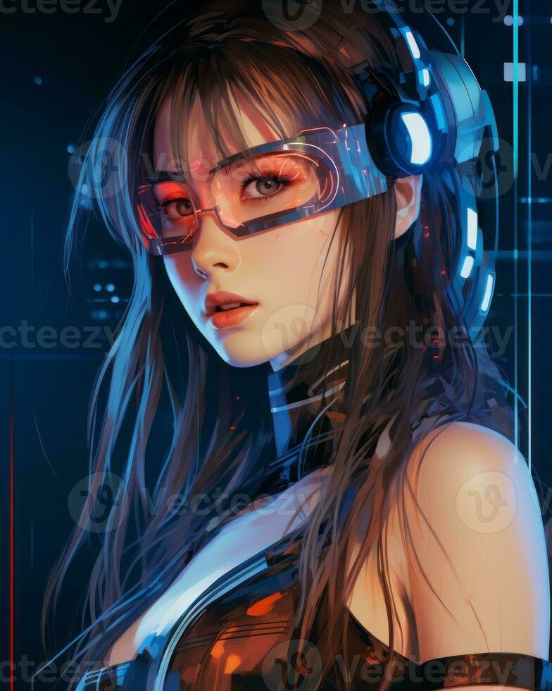 anime girl with glasses and headphones generative ai photo