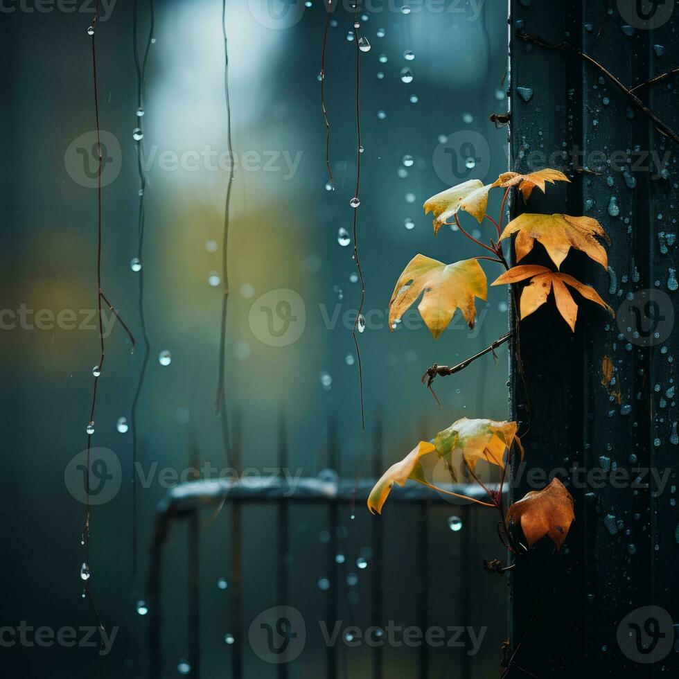 autumn leaves on a fence in the rain generative ai photo