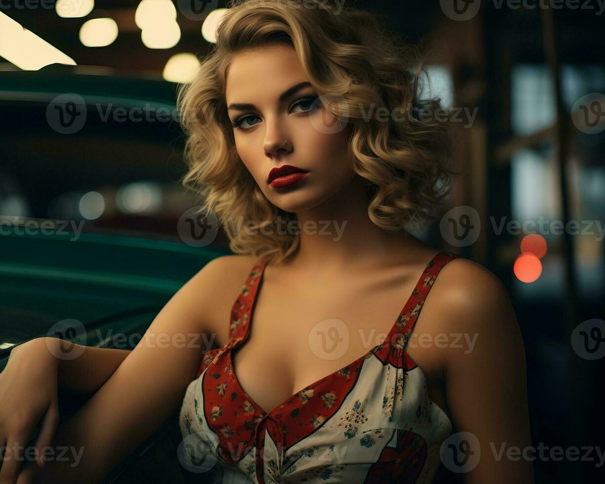 beautiful blonde woman posing in front of an old car generative ai photo
