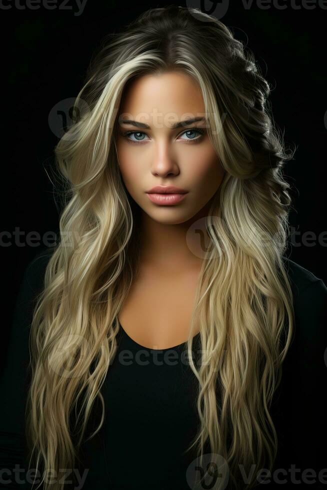 beautiful blonde woman with long wavy hair on black background generative ai photo