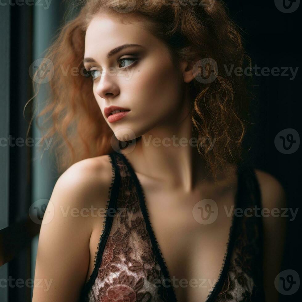 beautiful redhead woman in lingerie looking out the window generative ai photo