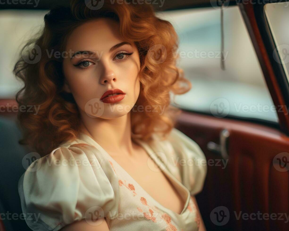 beautiful redhead woman sitting in the back seat of an old car generative ai photo