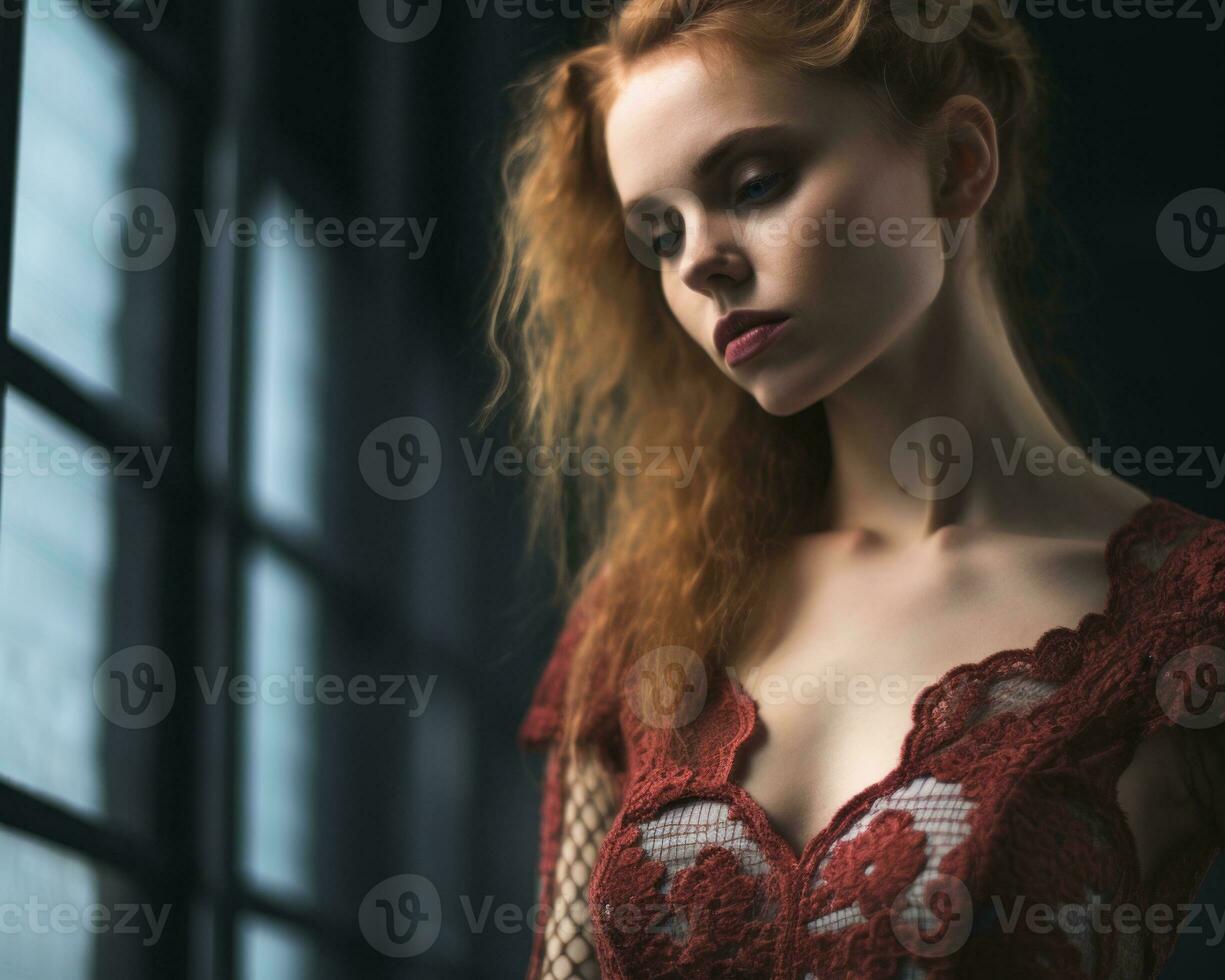 beautiful redhead woman in red dress standing in front of window generative ai photo