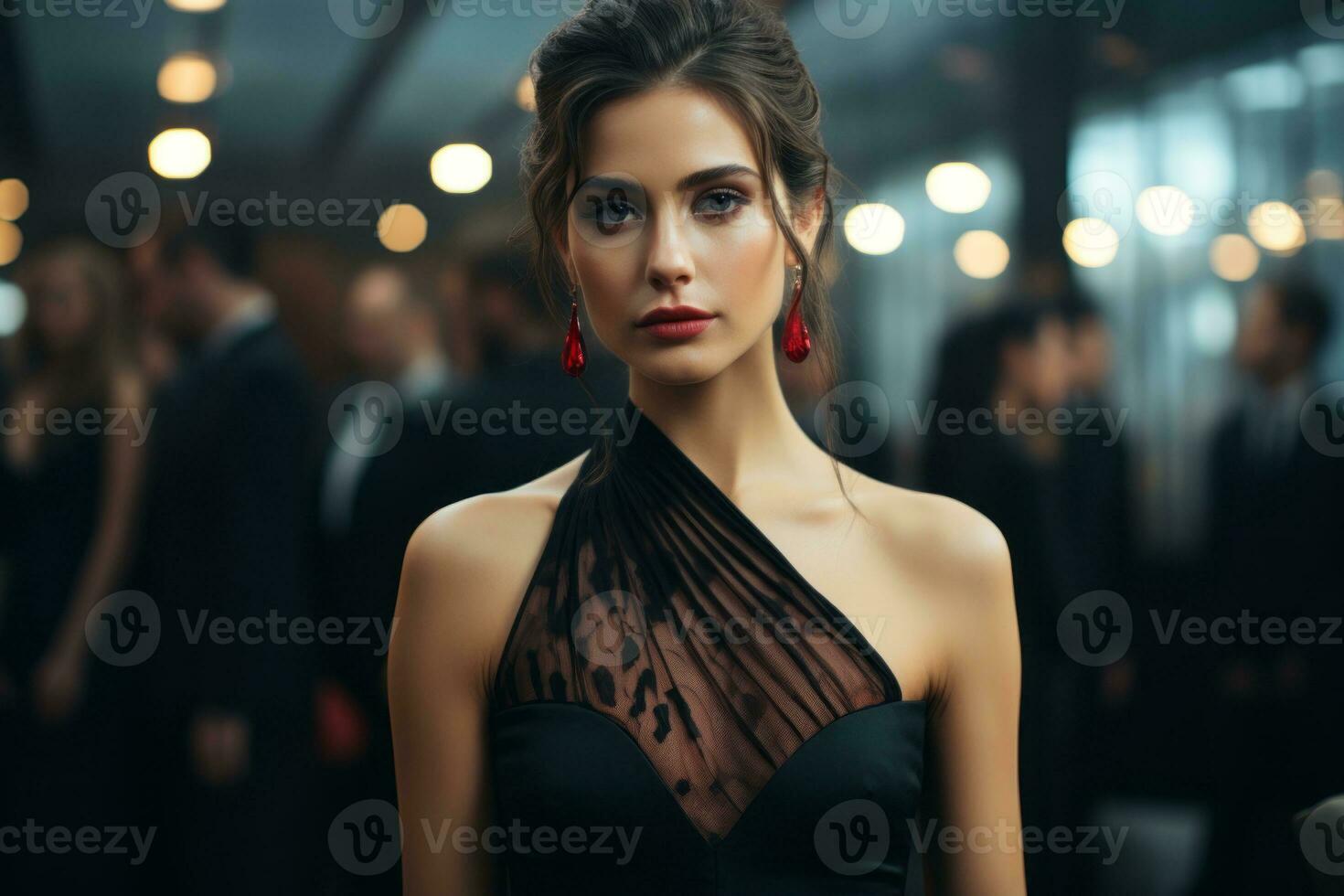 beautiful woman in black dress with red earrings generative ai 32113454 Stock Photo at Vecteezy