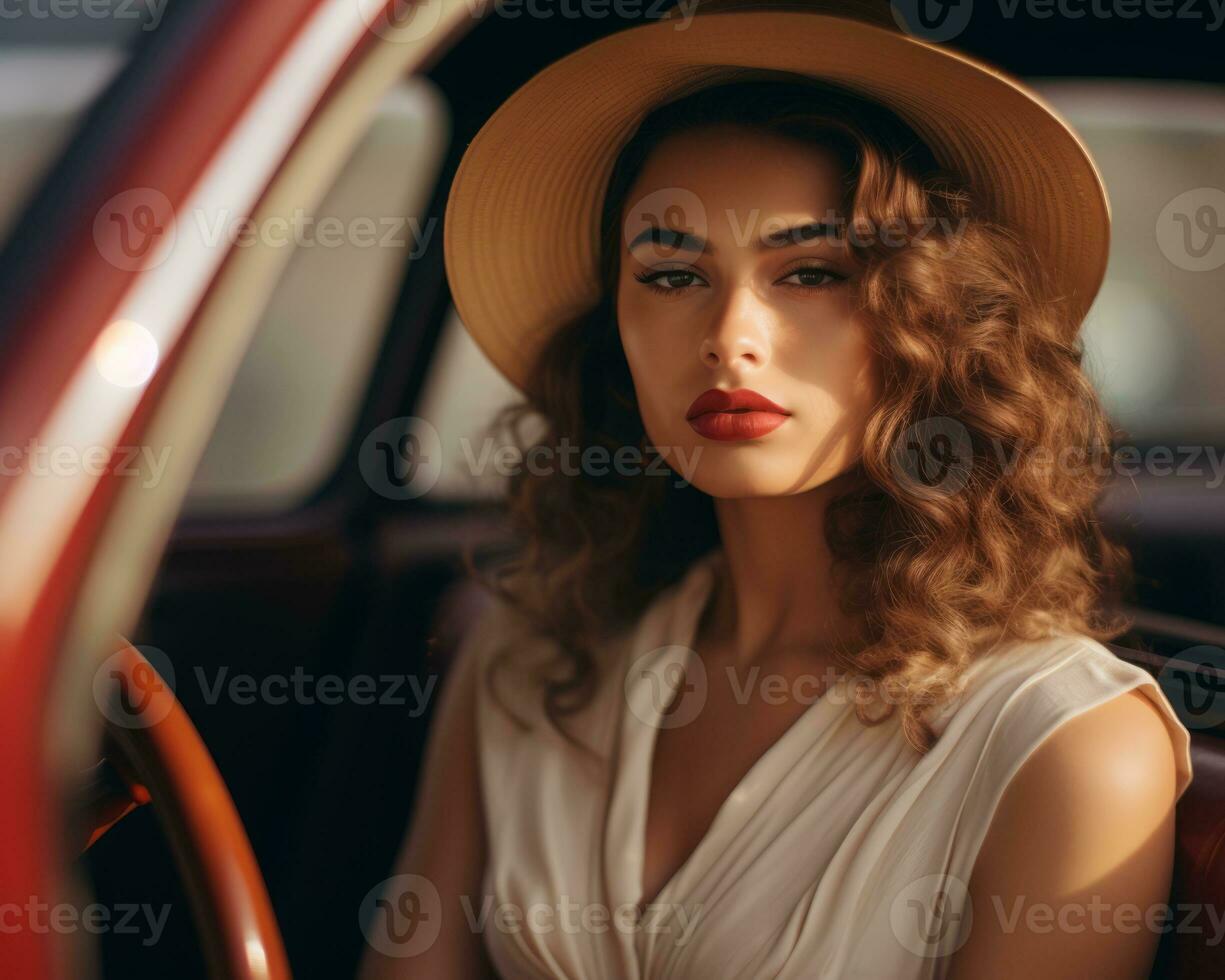 beautiful woman in hat sitting in car generative ai photo