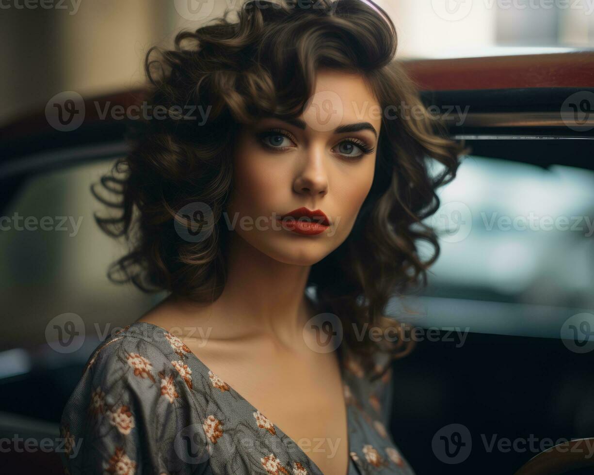 beautiful woman with curly hair and red lipstick posing in front of an old car generative ai photo
