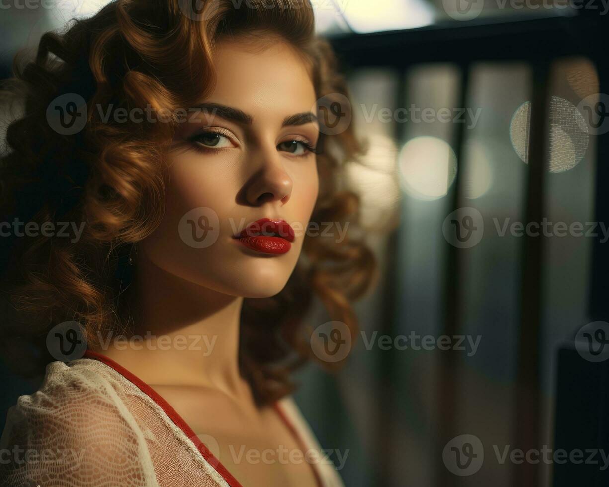beautiful woman with red lips and curly hair generative ai photo