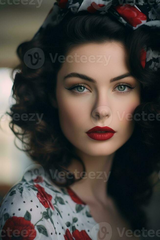 beautiful woman with red lipstick and floral headband generative ai photo