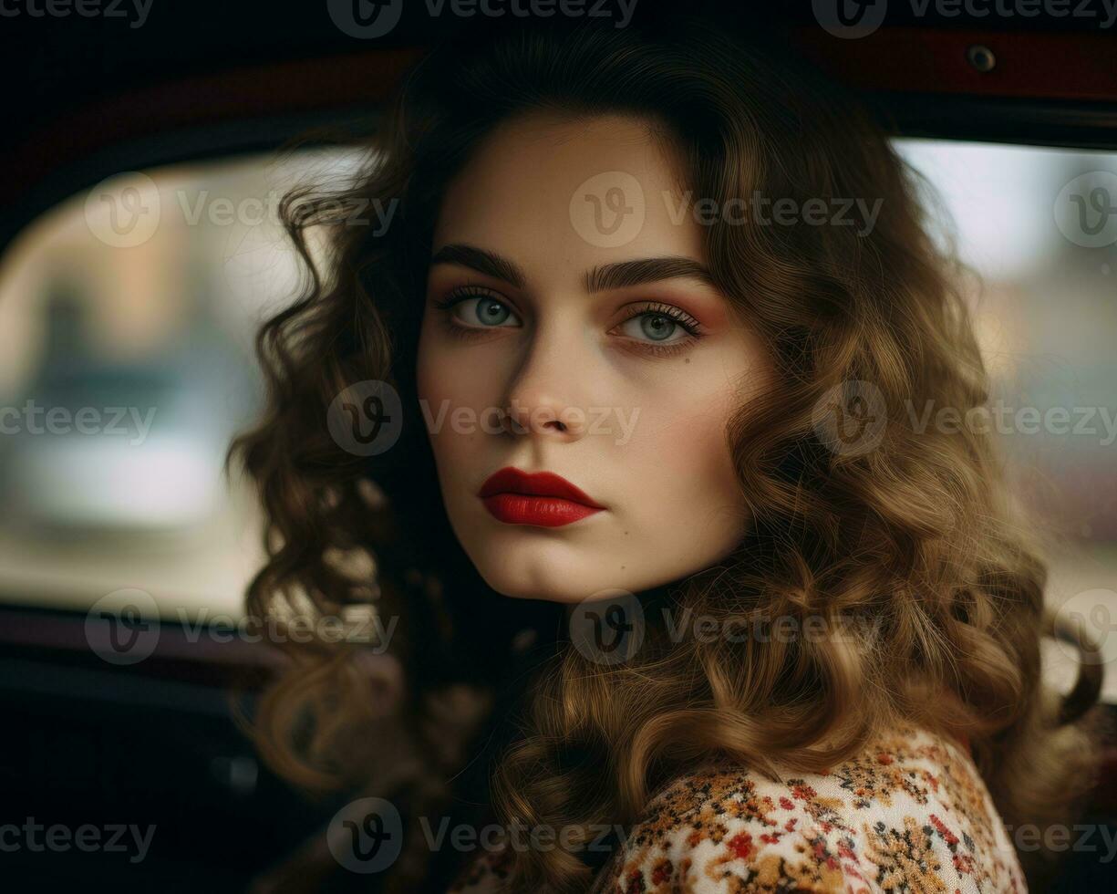beautiful woman with red lipstick sitting in a car generative ai photo