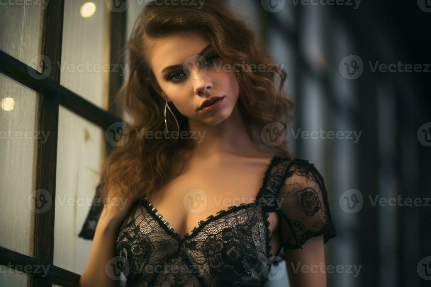 beautiful young woman in black lace lingerie standing in front of window generative ai photo