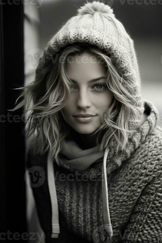 black and white photo of a woman in a sweater generative ai
