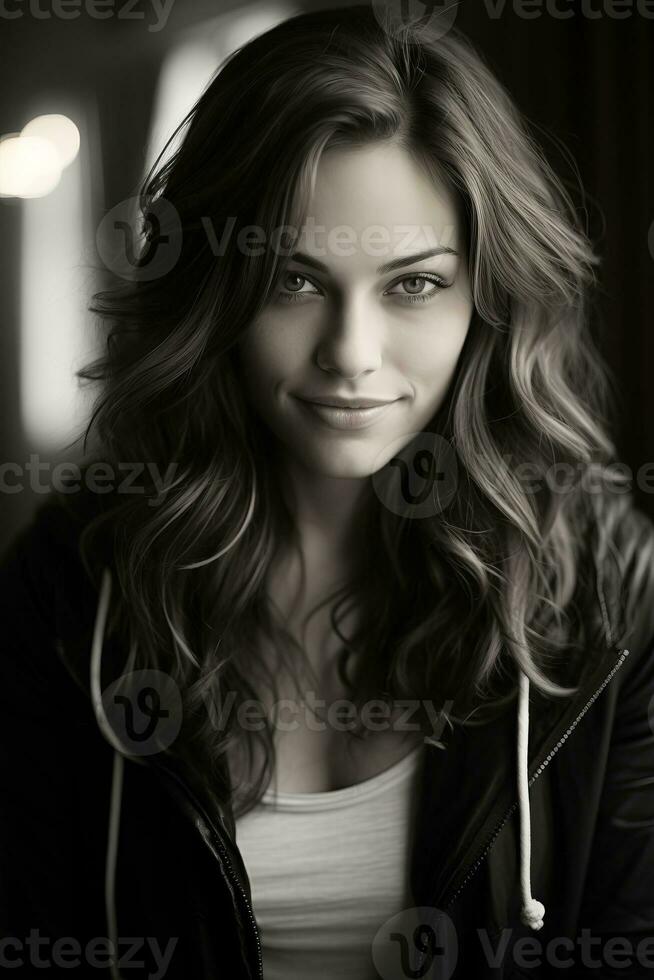black and white photo of a woman with long wavy hair generative ai