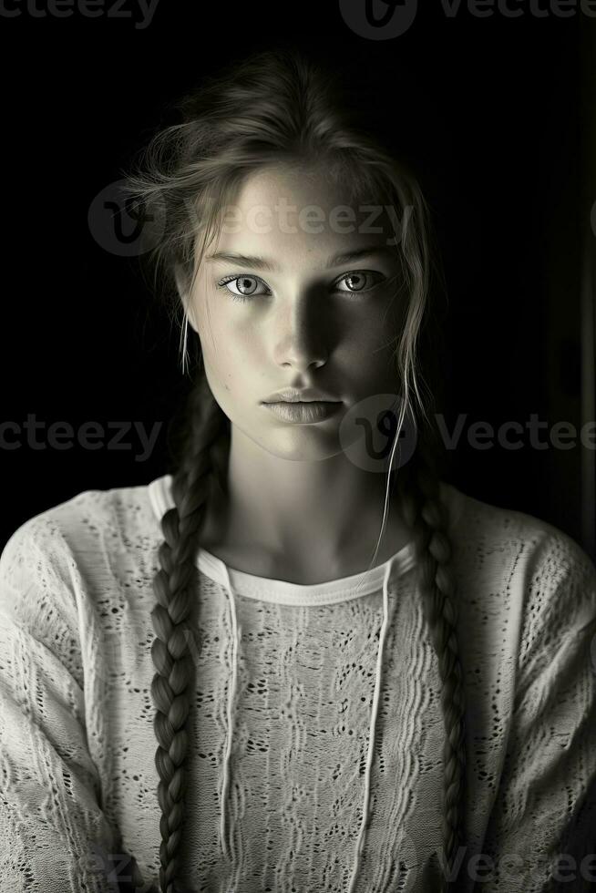 black and white photo of a young woman with braids generative ai