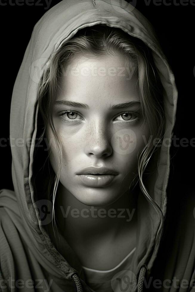 black and white portrait of a young woman in a hoodie generative ai photo