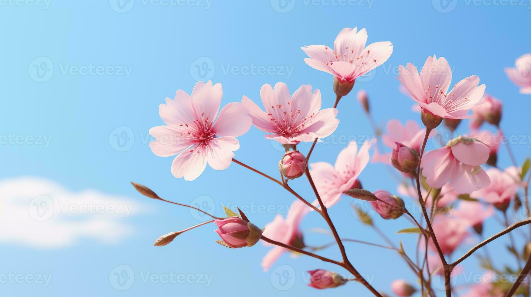 cherry blossoms on a branch against a blue sky generative ai photo